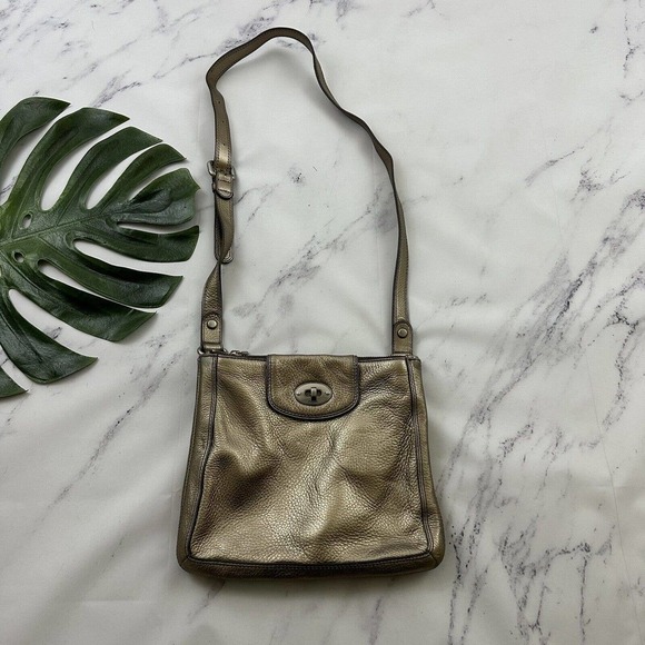 Fossil Leather Cross Body Purse Bag Silver Gold Metallic Square Medium - Picture 1 of 10